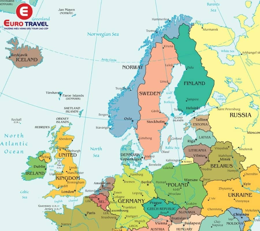 Bản đồ các quốc gia Châu Âu khổ lớn