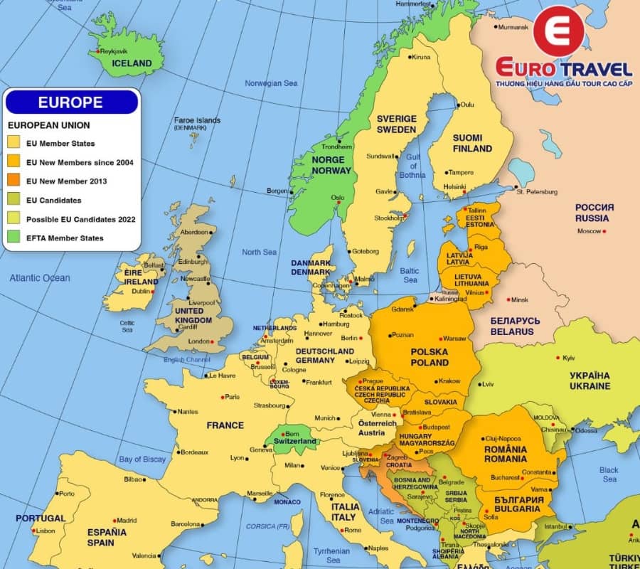 Bản đồ chi tiết các quốc gia Châu Âu hiện nay