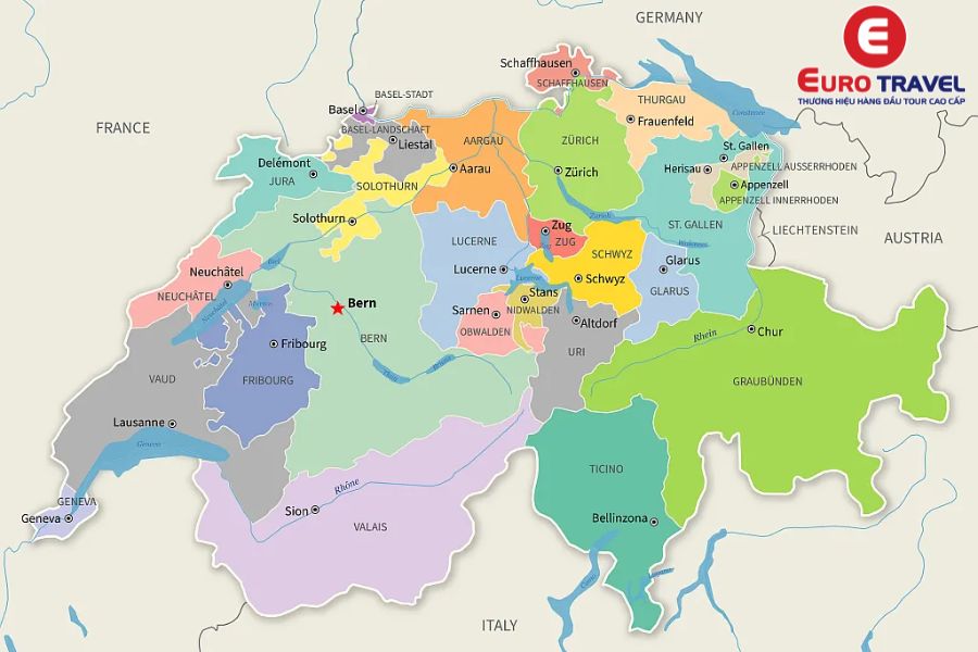 Bản đồ 26 bang của Thụy Sĩ