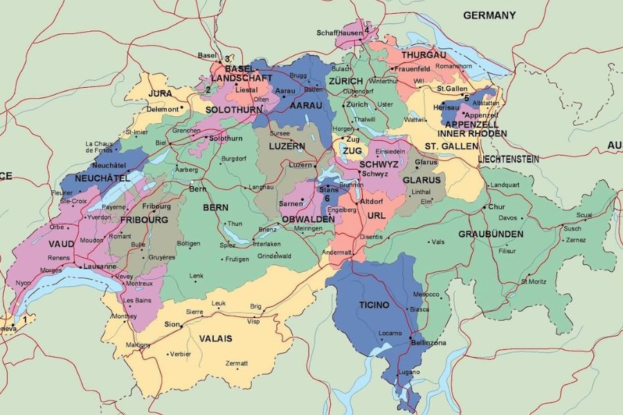 Bản đồ các thành phố của Thuỵ Sĩ