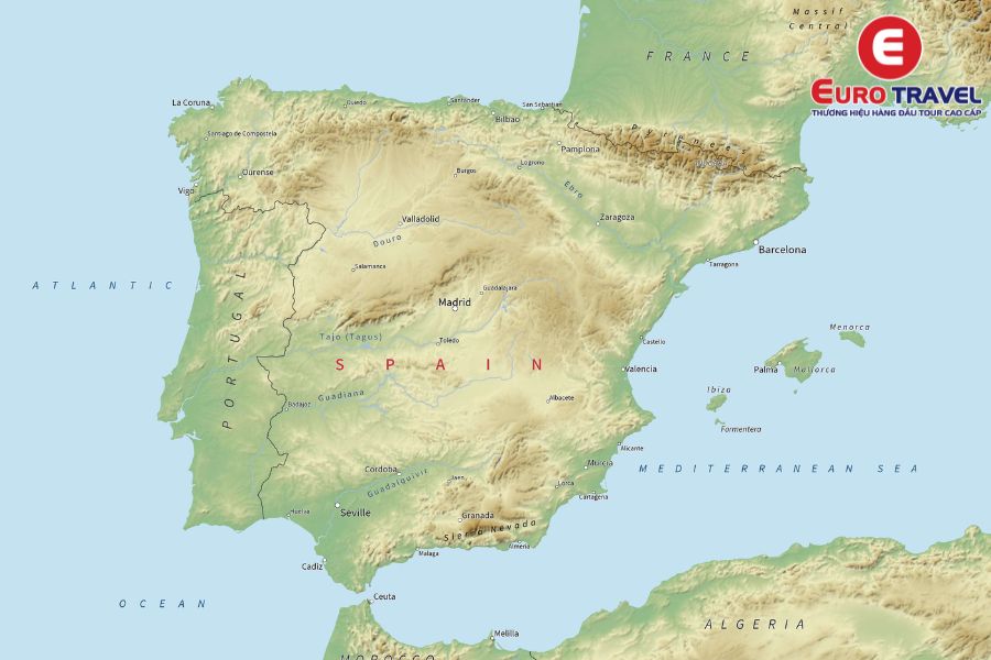 Bản đồ chi tiết về địa hình của Tây Ban Nha