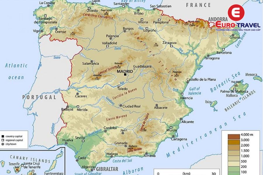 Bản đồ địa hình của Tây Ban Nha