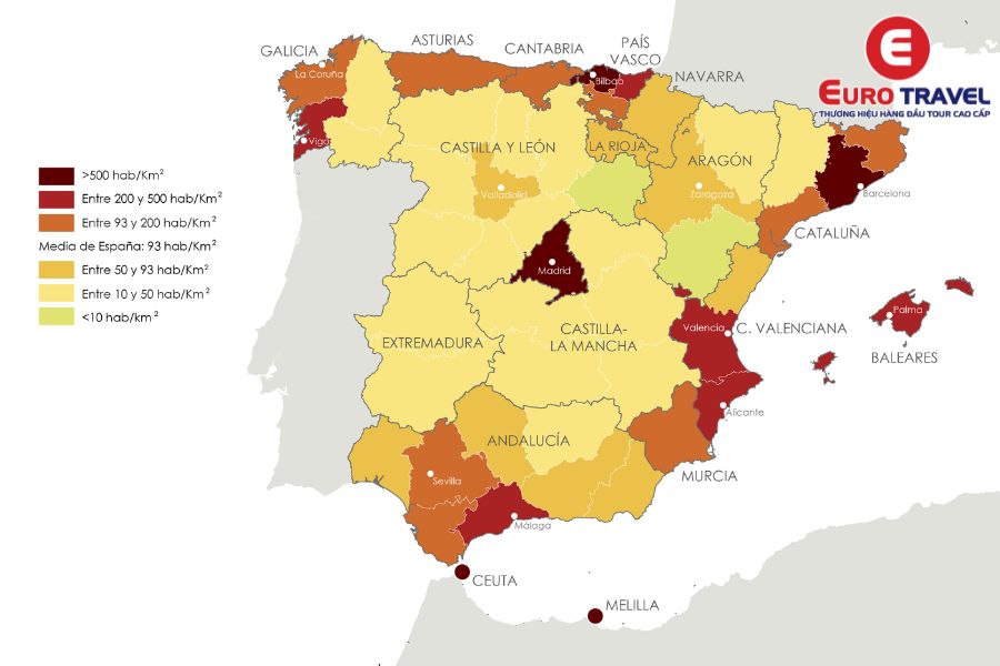 Bản đồ mật độ dân số Tây Ban Nha