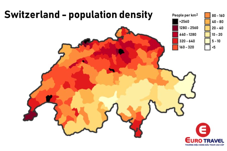 Bản đồ mật độ dân số của Thuỵ Sĩ