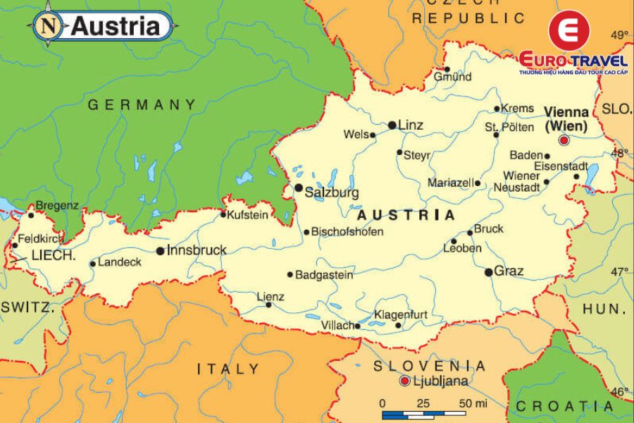 Bản đồ tổng quan về biên giới nước Áo
